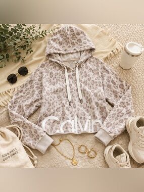 Calvin Klein Performance Leopard Print Cropped Hoodie Size L Neutral Athleisure